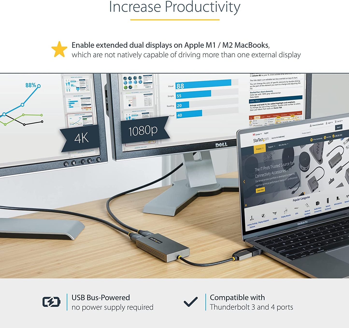 StarTech.com USB to Dual HDMI Adapter, USB A/C to 2x HDMI Displays (1x 4K30Hz, 1x 1080p), Integrated USB-A to C Dongle, 4in/11cm Cable, USB 3.0 to HDMI Display Adapter, Windows &amp; macOS (107B-USB-HDMI) 2x HDMI | USB 3.0 | Mac &amp; Windows OS