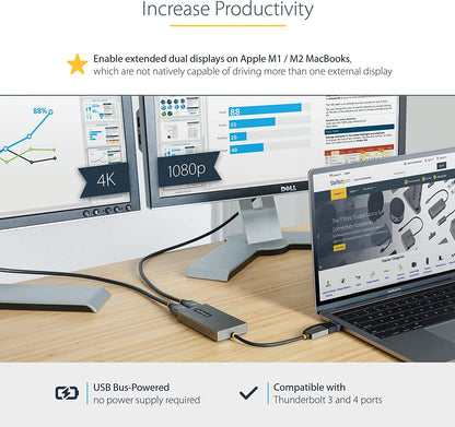 StarTech.com USB to Dual HDMI Adapter, USB A/C to 2x HDMI Displays (1x 4K30Hz, 1x 1080p), Integrated USB-A to C Dongle, 4in/11cm Cable, USB 3.0 to HDMI Display Adapter, Windows &amp; macOS (107B-USB-HDMI) 2x HDMI | USB 3.0 | Mac &amp; Windows OS