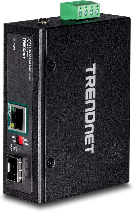 TRENDnet Hardened Industrial SFP to Gigabit UPoE Media Converter, IP30 Rated Housing, Includes DIN-Rail &amp; Wall Mounts, Operating Temp. -40 to 75 °C (-40 to 167 °F), TI-UF11SFP, Black