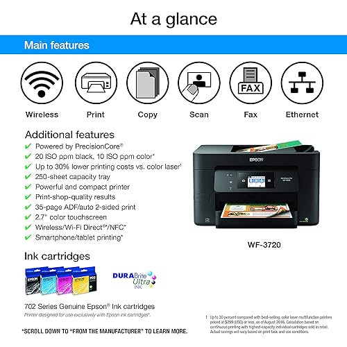Epson WorkForce Pro WF-3720 Wireless All-in-One Color Inkjet Printer, Copier, Scanner with Wi-Fi Direct, Amazon Dash Replenishment Ready