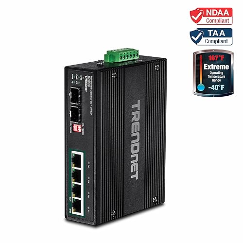 TRENDnet 6-Port Industrial Gigabit PoE+ Solar DIN-Rail Switch, 12-56V, Alarm Relay, 2 Dedicated SFP Slots, IP30 Rated Housing, Lifetime Protection, TI-PG62B, Black 6 Port Switch w/ Boost Voltage
