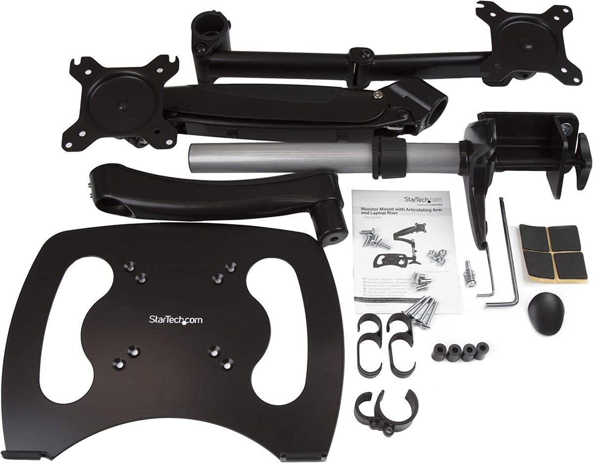 StarTech.com Laptop Monitor Stand - Computer Monitor Stand - Full Motion Articulating - VESA Mount Monitor Desk Mount (ARMUNONB) Black Dual Arms - Monitor &amp; Laptop