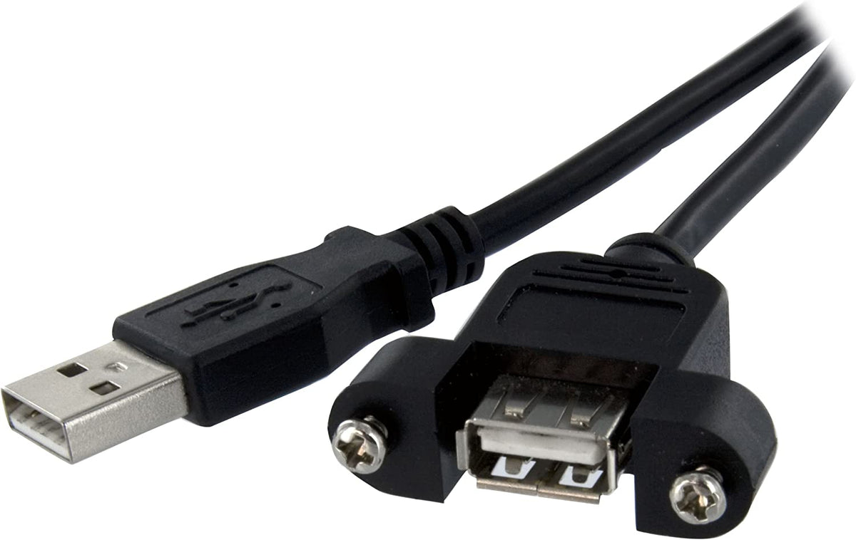 StarTech.com 1 ft Panel Mount USB Cable A to A - F/M - USB extension cable - USB (M) to USB (F) - USB 2.0 - 1 ft - molded, thumbscrews - black - USBPNLAFAM1