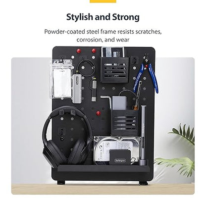 StarTech.com Clamp-On Pegboard with Accessories, 16.5 x 12.5in, Steel Peg Board, Desktop Storage Organizer, Black