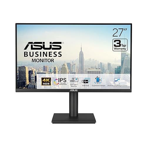 ASUS 27” 4K Business Monitor (VA27UCPS) - UHD (3840 x 2160), IPS, 99% sRGB, HDR-10, USB-C PD65W, USB Hub, Speakers, Eye Care, Ergonomic, VESA Wall Mountable, Green Sustainability, 3 yr Warranty