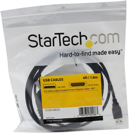 StarTech.com 6 ft / 2m USB to DB25 Parallel Printer Adapter Cable - 2 Meter USB to IEEE-1284 Printer Cable - USB A to DB25 M/F (ICUSB1284D25) USB to Parallel (DB25) 6ft