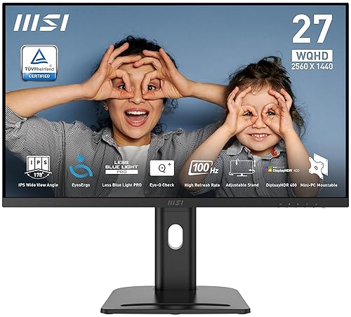 MSI PRO MP273QP E2 27-inch IPS 2560 x 1440 (QHD) Computer Monitor, 100Hz, Free-Synch, HDMI, DP Port, VESA Mountable, Height Adjustable, Tilt, Speaker, 1ms, Black