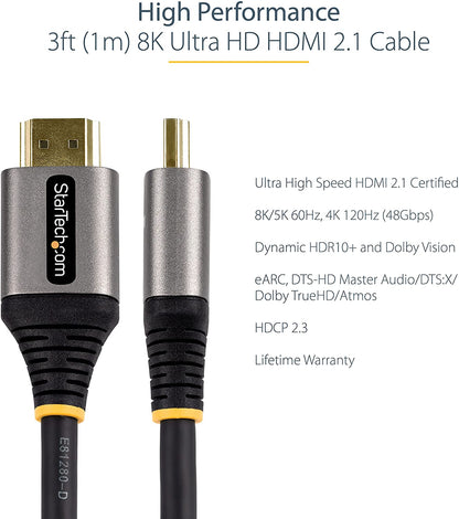 StarTech.com 3ft (1m) HDMI 2.1 Cable 8K - Certified Ultra High Speed HDMI Cable 48Gbps - 8K 60Hz/4K 120Hz HDR10+ eARC - Ultra HD 8K HDMI Cable - Monitor/TV/Display - Flexible TPE Jacket (HDMM21V1M) 3.3 ft / 1 m