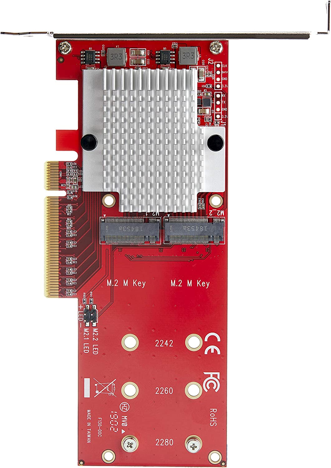 StarTech.com Dual M.2 PCIe SSD Adapter Card - x8 / x16 Dual NVMe or AHCI M.2 SSD to PCI Express 3.0 - M.2 NGFF PCIe (M-Key) Compatible - Supports 2242, 2260, 2280 - JBOD - Mac &amp; PC (PEX8M2E2) 2x M.2 NVMe