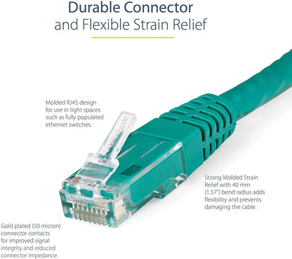 StarTech.com 3ft CAT6 Ethernet Cable - Green CAT 6 Gigabit Ethernet Wire -650MHz 100W PoE++ RJ45 UTP Molded Category 6 Network/Patch Cord w/Strain Relief/Fluke Tested UL/TIA Certified (C6PATCH3GN) Green 3 ft / 0.9 m 1 Pack