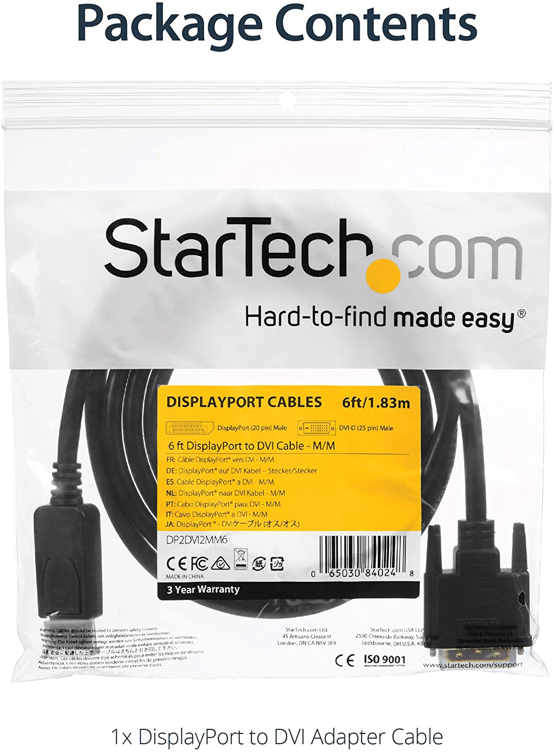 StarTech.com 6ft (1.8m) DisplayPort to DVI Cable - 1080p Video - DisplayPort to DVI Adapter Cable - DP to DVI-D Converter Single Link - DP to DVI Monitor Cable - Latching DP Connector (DP2DVI2MM6) 6 feet