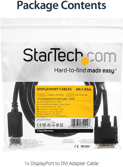StarTech.com 6ft (1.8m) DisplayPort to DVI Cable - 1080p Video - DisplayPort to DVI Adapter Cable - DP to DVI-D Converter Single Link - DP to DVI Monitor Cable - Latching DP Connector (DP2DVI2MM6) 6 feet