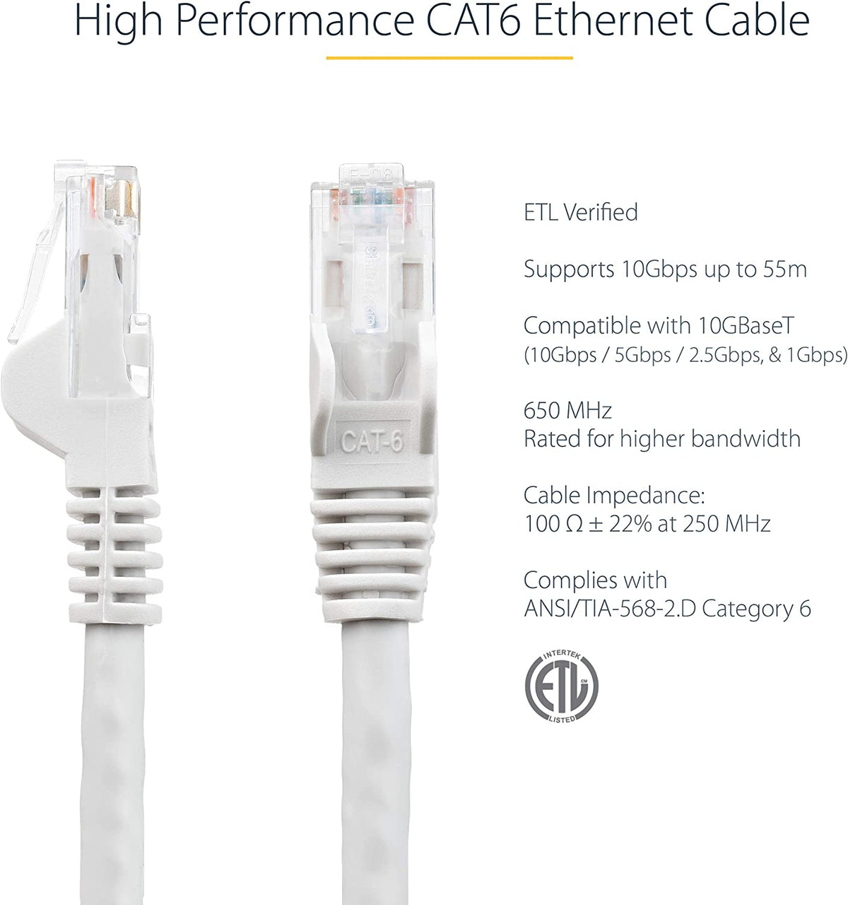 StarTech.com 3ft CAT6 Ethernet Cable - White CAT 6 Gigabit Ethernet Wire -650MHz 100W PoE RJ45 UTP Network/Patch Cord Snagless w/Strain Relief Fluke Tested/Wiring is UL Certified/TIA (N6PATCH3WH) White 3 ft / 0.9 m 1 Pack