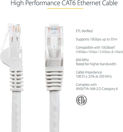 StarTech.com 3ft CAT6 Ethernet Cable - White CAT 6 Gigabit Ethernet Wire -650MHz 100W PoE RJ45 UTP Network/Patch Cord Snagless w/Strain Relief Fluke Tested/Wiring is UL Certified/TIA (N6PATCH3WH) White 3 ft / 0.9 m 1 Pack