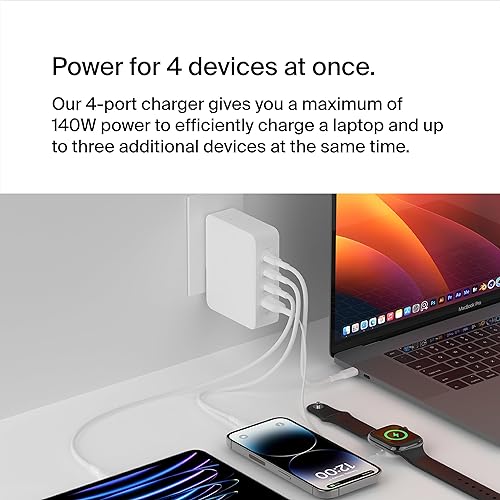 Belkin 140W 4-Port GaN Wall Charger, Multi-Port Charger Block w/USB-C Power Delivery Fast Charge & USB-A Port for Apple MacBook, iPhone 15 Series, iPad Pro, Samsung Galaxy S23, Google Pixel, & More