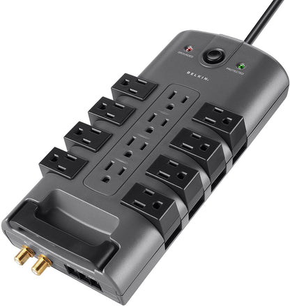 Belkin Surge Power Strip Protector - 8 Rotating &amp; 4 Stationary AC Multiple Outlets - 8 ft Long Heavy Duty Extension Cord Flat Pivot Plug for Home, Office, Travel, Desktop &amp; Charging Brick, 4320 Joules Phone Protection Power Strip 12-Outlet