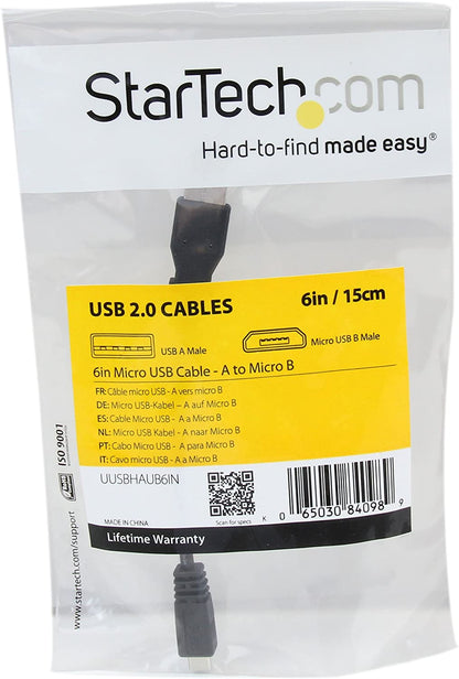 StarTech.com 6in Micro USB Cable - A to Micro B - USB to Micro B - USB 2.0 A Male to USB 2.0 Micro-B Male - 6-inches - Black (UUSBHAUB6IN) 6in / 15cm Straight