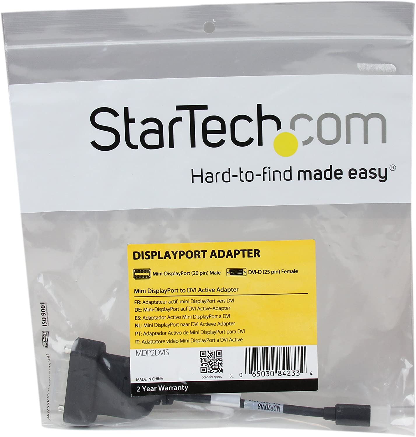 StarTech.com Mini DisplayPort to DVI Adapter - Active Mini DisplayPort to DVI-D Adapter Converter - 1080p Video - mDP or Thunderbolt 1/2 Mac/PC to DVI Monitor Dongle, mDP to DVI Single-Link (MDP2DVIS) Adapter Black
