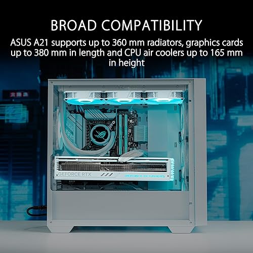 ASUS A21 Micro-ATX Case White Edition Supports Graphics Cards up to 380mm, 360mm Coolers, & Standard ATX PSUs, Porous Front-Panel Mesh, Compatible with New BTF Hidden Connector Technology Mid Tower A21 ASUS CASE/WHT