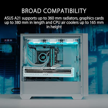 ASUS A21 Micro-ATX Case White Edition Supports Graphics Cards up to 380mm, 360mm Coolers, & Standard ATX PSUs, Porous Front-Panel Mesh, Compatible with New BTF Hidden Connector Technology Mid Tower A21 ASUS CASE/WHT