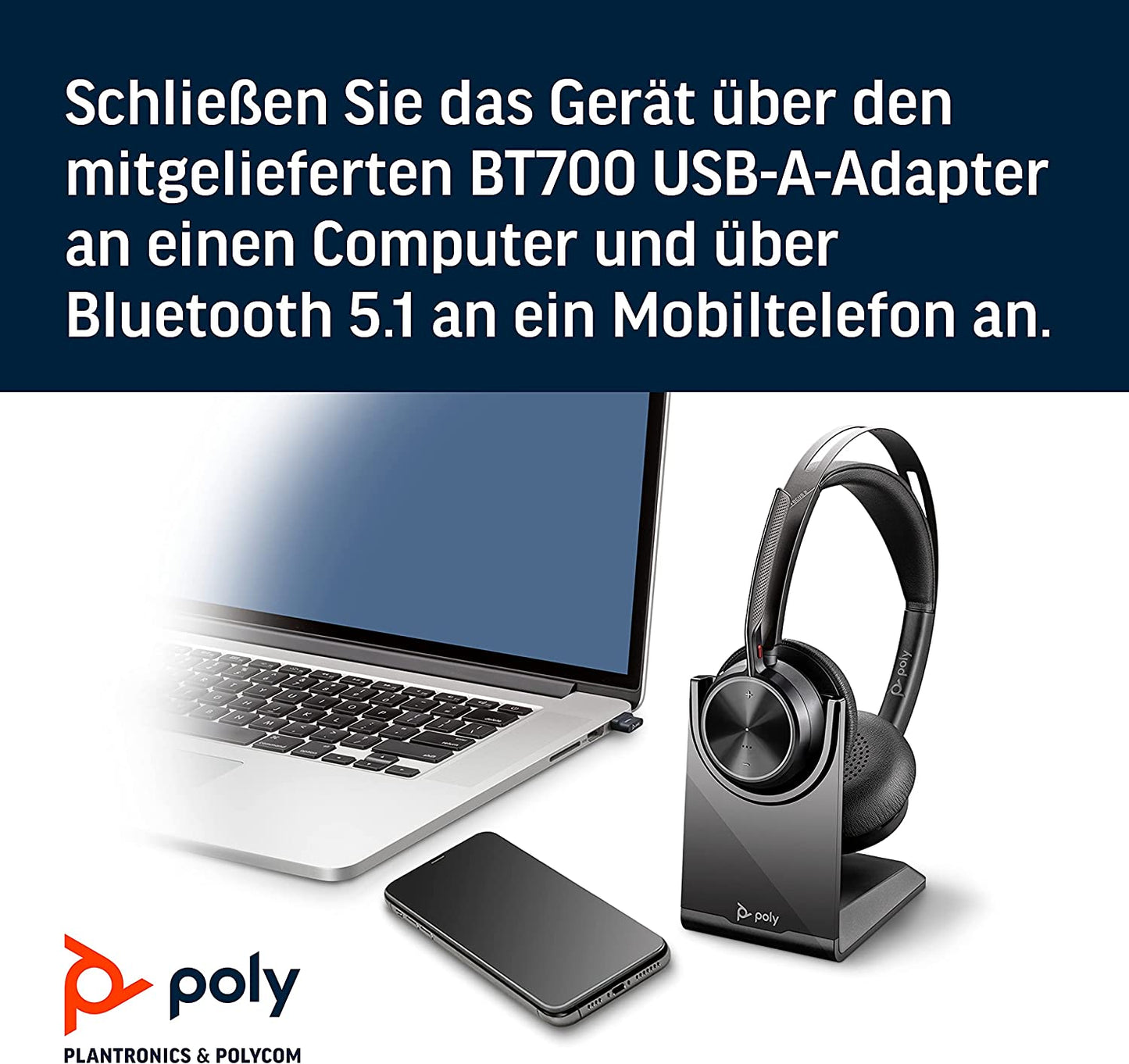 Poly - Voyager Focus 2 UC USB-A Headset with Stand (Plantronics) - Bluetooth (Stereo) Headset with Boom Mic - USB-A PC/Mac Compatible - Active Noise Canceling - Works w/ Teams, Zoom (Certified) &amp; More Headset + Charge Stand
