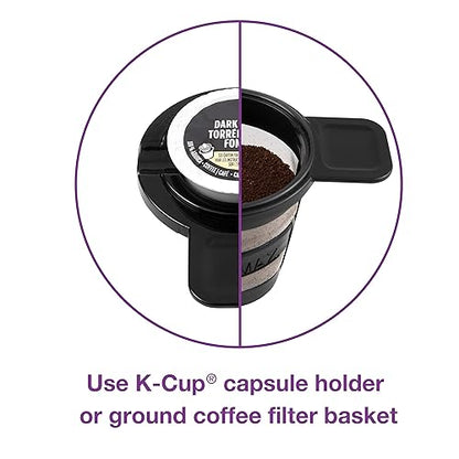 Salton 2-in-1 Coffee Maker - Single-Serve Ground Coffee Capsules with Reusable Mesh Filter Included, Brews 6 to 14 Ozs & Fits Standard-Size Travel Mug