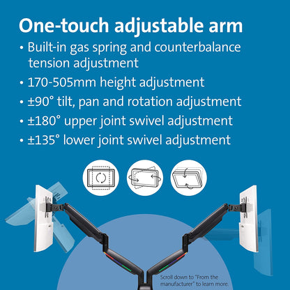 Kensington SmartFit® One-Touch Height Adjustable Dual Monitor Arm - Black (K59601WW) dual arm black