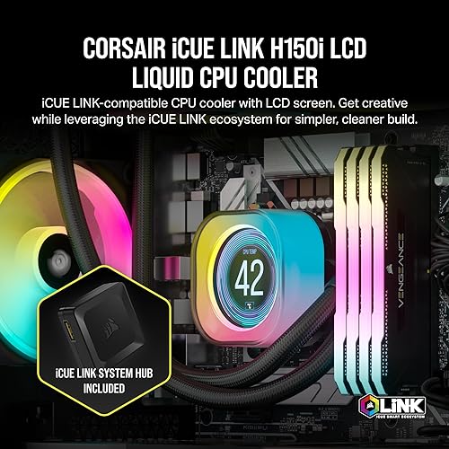 CORSAIR iCUE Link H150i LCD Liquid CPU Cooler - 360mm AIO - QX120 RGB Fans - 2.1” IPS LCD Screen - Fits Intel LGA 1700, AMD AM5 - iCUE Link System Hub Included - Black Black 360mm AIO