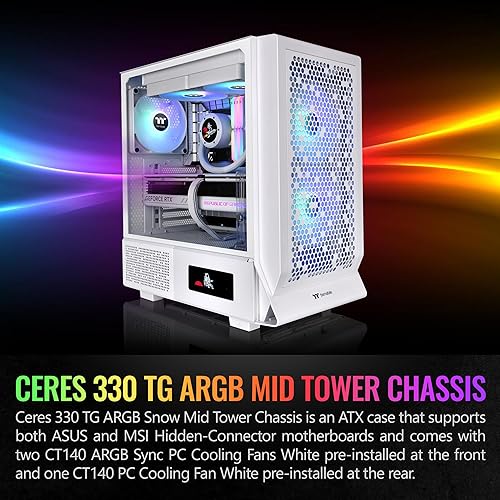 Thermaltake Ceres 330 TG ARGB Snow Mid Tower E-ATX Case Supports Hidden-Connector Motherboard; Preinstalled 2 x CT140 ARGB Fans; Rotational PCIe Slots; CA-1Y2-00M6WN-01; 3 Year Warranty