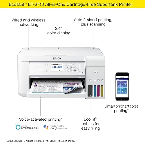 Epson Ecotank Et-3710 Wireless Color Inkjet All-in-One Supertank Printer, White