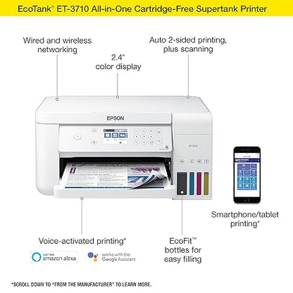 Epson Ecotank Et-3710 Wireless Color Inkjet All-in-One Supertank Printer, White