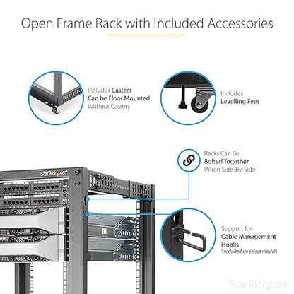 StarTech.com 4-Post 8U Mobile Open Frame Server Rack, 19in Network Rack with Wheels, Small Rolling Rack for Computer/AV/Data/IT Equipment, Casters, Leveling Feet or Floor Mounting (4POSTRACK8U) 8U Rack