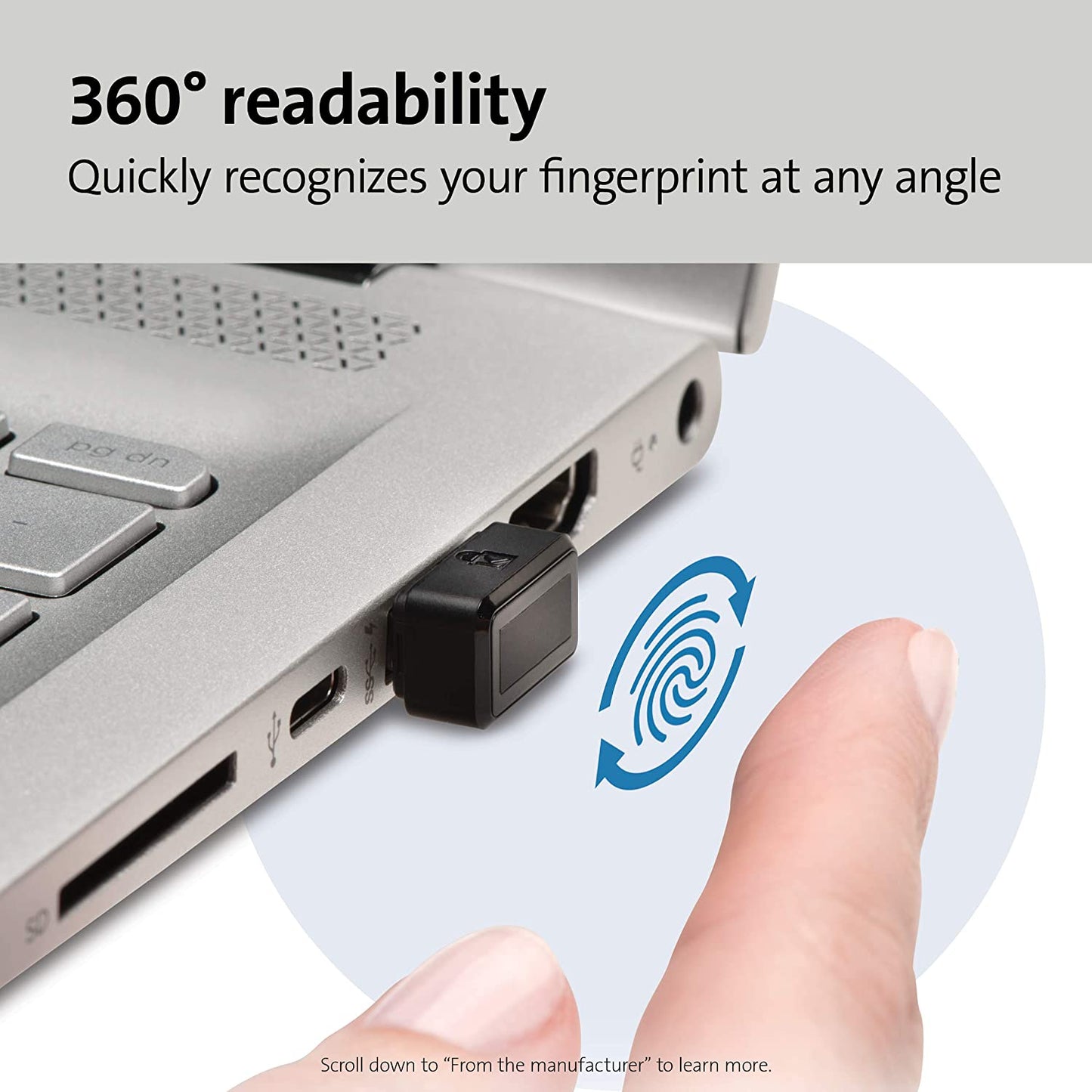 Kensington VeriMark USB Fingerprint Key Reader - Windows Hello, FIDO U2F, Anti-Spoofing (K67977WW),Black For Single PC's