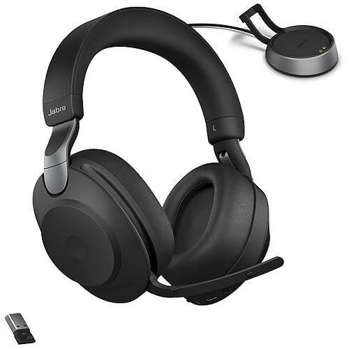 Jabra Evolve2 85 MS Wireless Headphones with Link380a & Charging Stand, Stereo, Black – Wireless Bluetooth Headset for Calls and Music, 37 Hours of Battery Life, Advanced Noise Cancelling Headphones