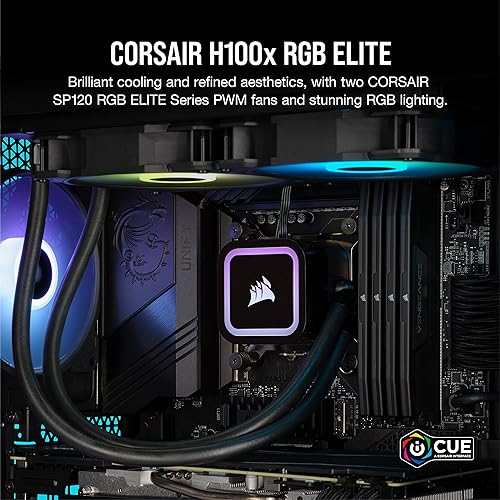 Corsair H100x RGB Elite Liquid CPU Cooler - 32 Dynamic RGB LEDs - SP120 RGB Elite Series PWM Fans with AirGuide Technology - Intel® LGA 1700, 1200, 115X, 2066, AMD® AM5/AM4 Sockets - Black