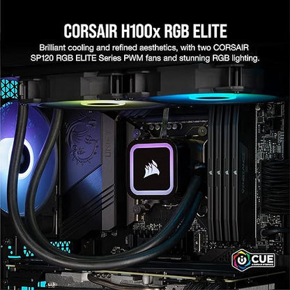 Corsair H100x RGB Elite Liquid CPU Cooler - 32 Dynamic RGB LEDs - SP120 RGB Elite Series PWM Fans with AirGuide Technology - Intel® LGA 1700, 1200, 115X, 2066, AMD® AM5/AM4 Sockets - Black
