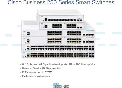 Cisco Business CBS250-8PP-E-2G Smart Switch, 8 Port GE, Partial PoE, Ext PS, 2x1G Combo, Limited Lifetime Protection (CBS250-8PP-E-2G-NA) 8-port GE / PoE+ / 45W / 2 x GE uplinks / External Power Supplier Switch