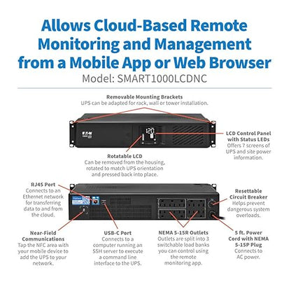 Tripp Lite Eaton Series SMART1000LCDNC Cloud-Connected 1000VA Rack Mount UPS Battery Backup, Online Remote Management & Monitoring, 750W 120V, 8 Outlets, 2U Rackmount, 3-Year Warranty