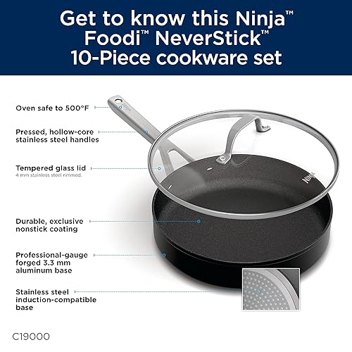 Ninja C19000C, Foodi NeverStick 10-Piece Cookware Set, Pots and Pans,Black (Canadian Version) 9-Piece Set Cookware Set