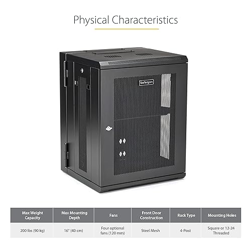 StarTech.com 4-Post 15U Wall Mount Network Cabinet w/ 1U Shelf, 19 Wall-Mounted Server Rack for IT / Data Computer Equipment 30.40/772.16mmx24/609.60mmx21.80/553.72mm Cabinet