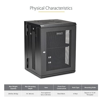 StarTech.com 4-Post 15U Wall Mount Network Cabinet w/ 1U Shelf, 19 Wall-Mounted Server Rack for IT / Data Computer Equipment 30.40/772.16mmx24/609.60mmx21.80/553.72mm Cabinet