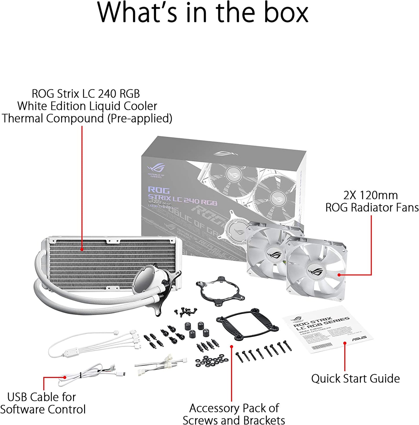ASUS ROG Strix LC 240 RGB White Edition All-in-one Liquid CPU Cooler with Aura Sync RGB, and Dual ROG 120mm addressable RGB Radiator Fans STRIX LC RGB White Edition 240mm