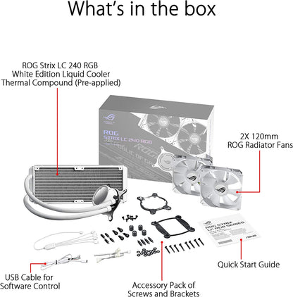 ASUS ROG Strix LC 240 RGB White Edition All-in-one Liquid CPU Cooler with Aura Sync RGB, and Dual ROG 120mm addressable RGB Radiator Fans STRIX LC RGB White Edition 240mm