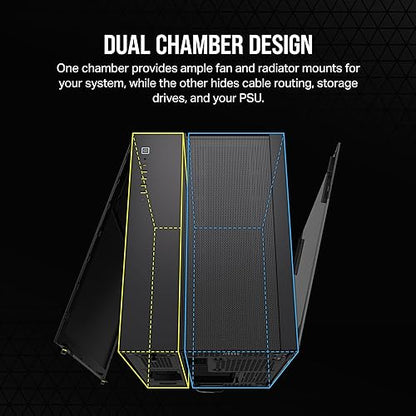 CORSAIR 6500D Airflow Mid-Tower ATX Dual Chamber PC Case – Tempered Glass – Reverse Connection Motherboard Compatible – No Fans Included – Black Airflow Black