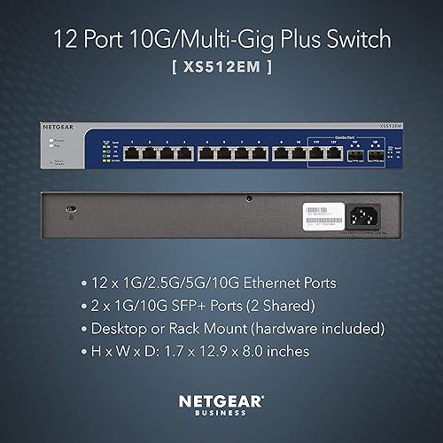 NETGEAR 12-Port 10G Multi-Gigabit Smart Managed Plus Switch (XS512EM) - with 2 x 10G SFP+, Desktop/Rackmount, and ProSAFE Lifetime Protection Smart Managed Plus 12 port | 10G | 2xSFP+