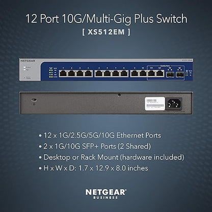 NETGEAR 12-Port 10G Multi-Gigabit Smart Managed Plus Switch (XS512EM) - with 2 x 10G SFP+, Desktop/Rackmount, and ProSAFE Lifetime Protection Smart Managed Plus 12 port | 10G | 2xSFP+