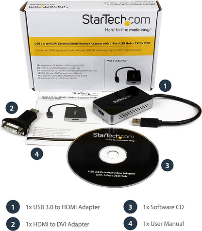 StarTech.com USB 3.0 to HDMI &amp; DVI Adapter with 1x USB Port - External Video &amp; Graphics Card Adapter - Dual Monitor Hub - Supports Windows (USB32HDEH), Black 1x USB-A 3.0 | HDMI