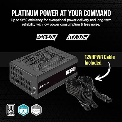 CORSAIR HX1200i Fully Modular Ultra-Low Noise ATX Power Supply - ATX 3.0 & PCIe 5.0 Compliant - Fluid Dynamic Bearing Fan - CORSAIR iCUE Software Compatible - 80 Plus Platinum Efficiency - Black 1200 Watts