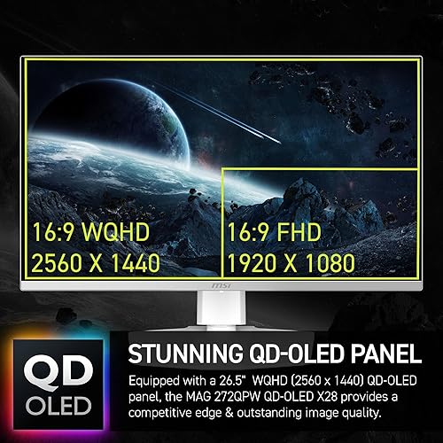 MSI MAG 272QPW QD-OLED X28 27-inch 2560 x 1440 (QHD) Gaming Monitor, 280Hz, Adaptive-Synch, HDR Ready, HDMI, VGA Port,VESA Mountable, Tilt, 4-Side Slim Bezel, 0.03ms, White