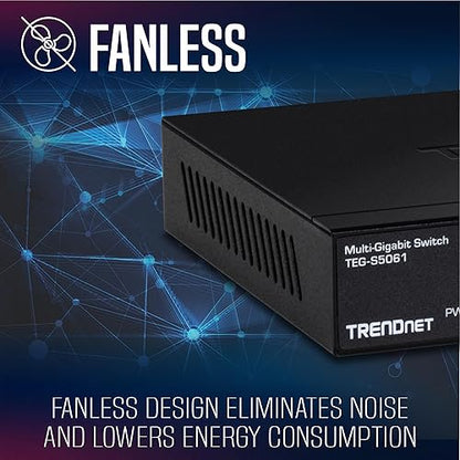 TRENDnet 6-Port Unmanaged 2.5G Switch with 10G SFP+ Port, TEG-S5061, 5 x 2.5GBASE-T Ports, 45Gbps Switching Capacity, Fanless, Wall Mountable, Black 2.5G| 1 x 10G SFP+
